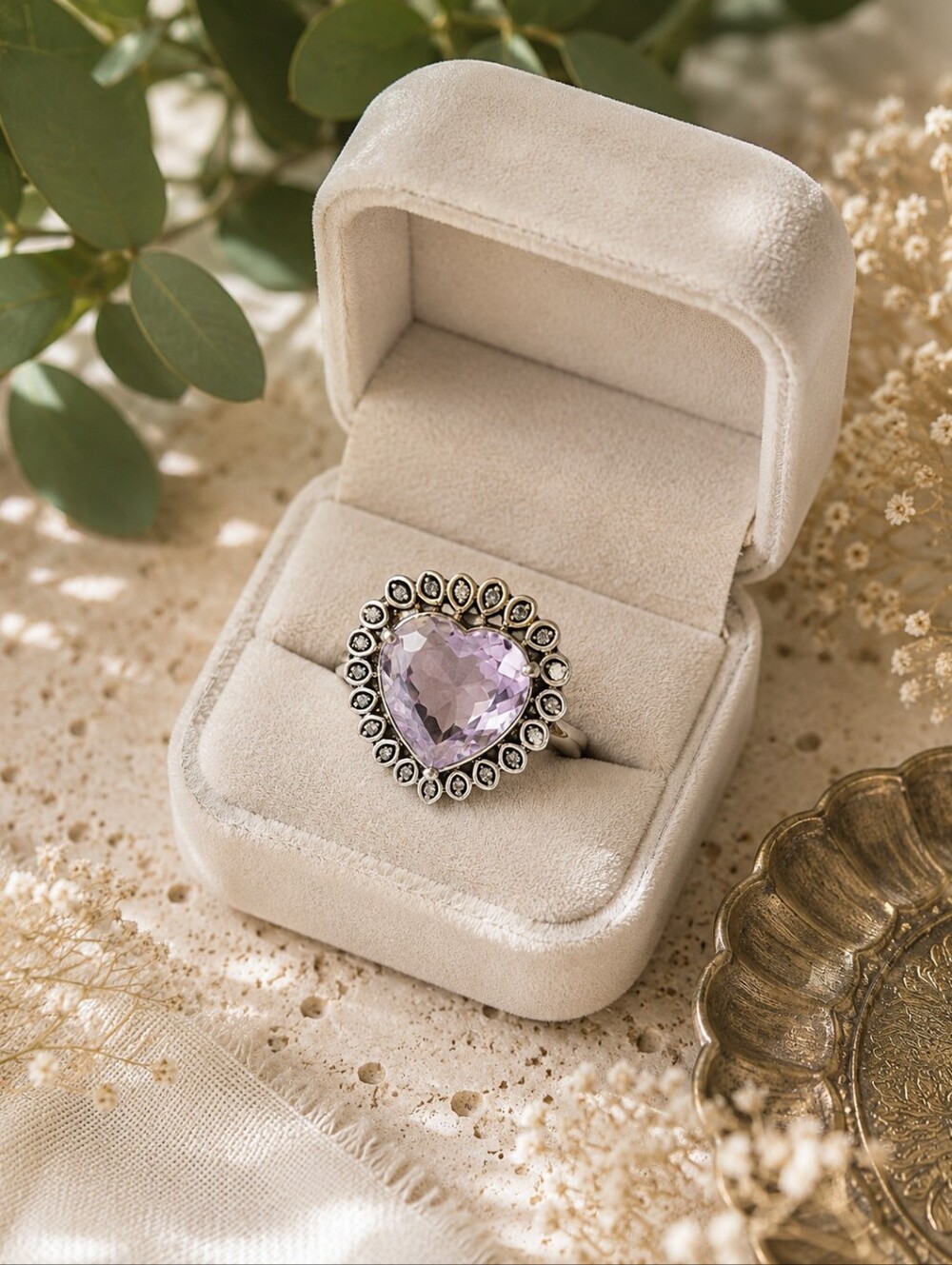 Genuine Pink Amethyst Halo Heart Ring Sterling Silver 925 Statement Ring Size 7